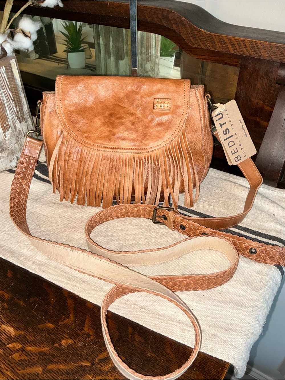 NWT Bed Stu Leather Eastend Fringe Crossbody Bag Tan Dip Dyed Retail $165
